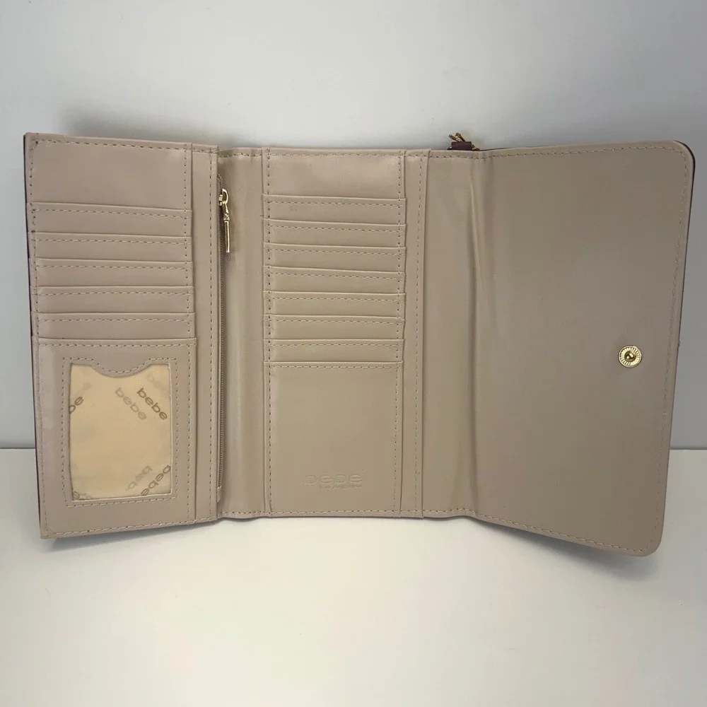 BEBE Louisa Trifold Wallet Multi Slots Embossed Logo Wristlet Clutch Purple NEW